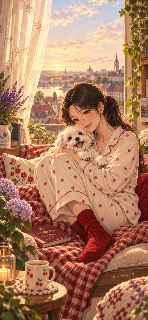 지수가 창가에 앉아 자몽이를 안고 있어. 창밖으로는 집 지붕과 강이 보이고, 그림 아래엔 ‘건이가 지수한테’라고 적혀 있어.